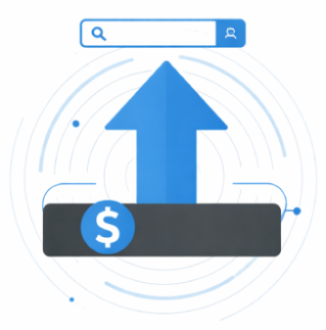 A professional vector icon illustrating Paid Advertising. A search bar at the top with a magnifying glass and profile avatar is connected to a central upward-pointing blue growth arrow. Below the arrow is a horizontal dark charcoal bar containing a small blue circle with a white dollar sign, symbolizing investment and return, set against light grey concentric abstract lines representing market influence. The design uses only corporate blue, white, and charcoal grey.