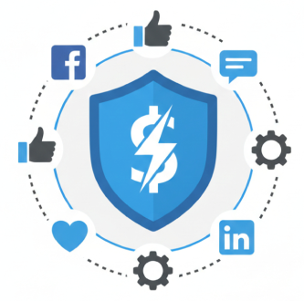 A blue shield icon with a lightning bolt and currency symbol, surrounded by social media logos to represent secure and high-impact lead generation through my digital marketing services in Bangalore.