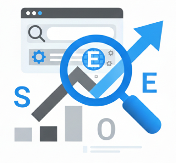 A professional SEO graphic featuring a magnifying glass over a data growth chart and a browser window, highlighting how my digital marketing services in Bangalore improve search rankings and organic visibility.