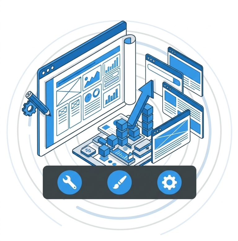 An intricate, layered isometric illustration in corporate blue and charcoal grey, featuring a complex dashboard wireframe being drafted with a blue pencil and gear, cascading responsive browser windows, a cubed progress arrow, and a horizontal bar with wrench, paintbrush, and gear icons, representing professional website creation and custom design provided by my digital marketing services in Bangalore.