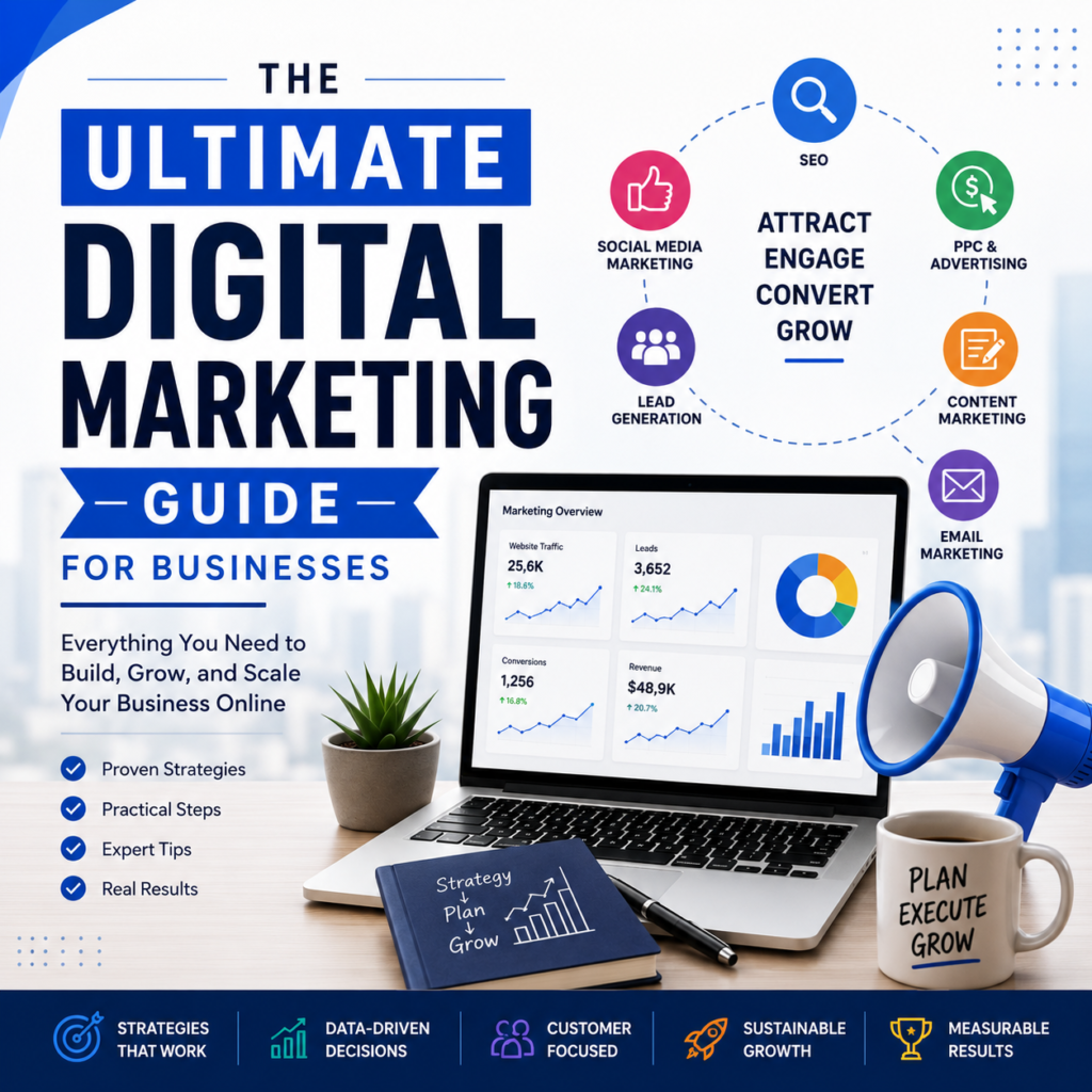 Digital Marketing 101: An Essential Guide for Growing Businesses featuring digital marketing strategy, SEO, SEM, social media marketing, lead generation, analytics, content marketing, and business growth.