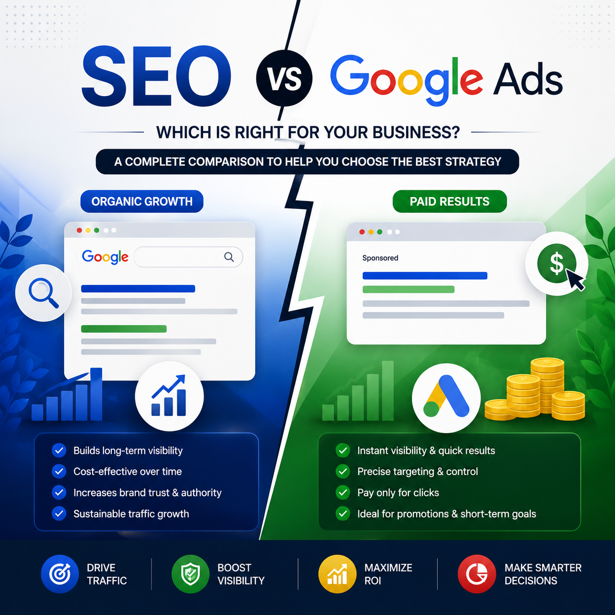 SEO vs Google Ads comparison cover image by Tarun Koshy Digital showing the key differences between organic SEO and paid Google Ads for business growth and lead generation.